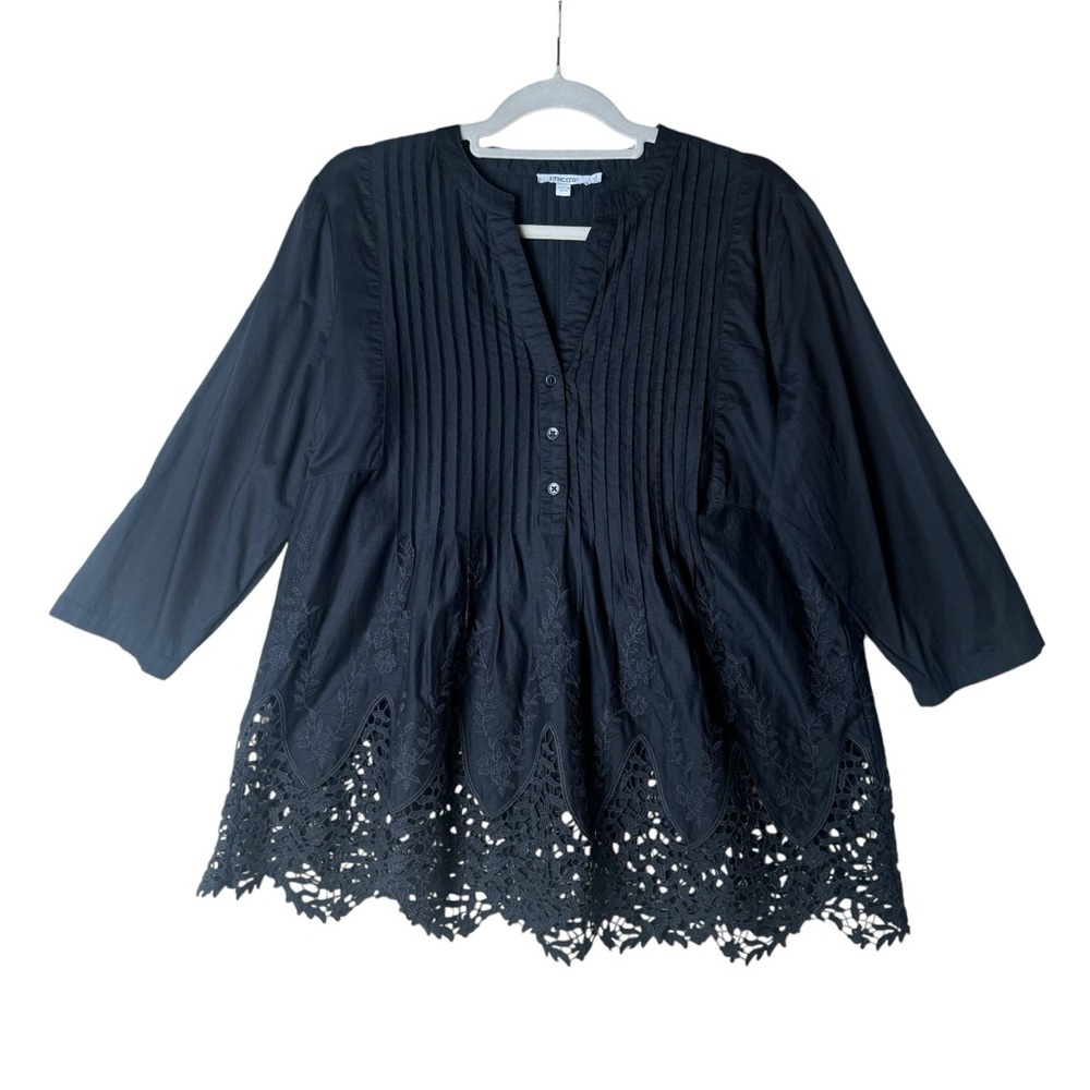 Chico's Women’s 3/4 Sleeve Pintuck Embroidered Blouse Size US 12 BLACK Top